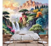 Papier peint mural de taille personnalisable, paysage romantique idyllique - Cascades du lac sarcelle, villa au sommet d'une falaise, feuillage d'automne coucher de soleil, ciel de coucher de soleil