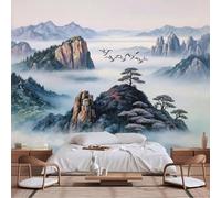 Papier peint mural de taille personnalisable, paysage traditionnel d'Asie de l'Est, vallée brumeuse, pins, grues, oiseaux, papier peint autocollant en tissu pour salon