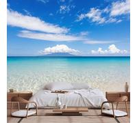 Papier peint mural de taille personnalisable, plage tropicale paradis vue océan - eau turquoise, sable blanc, îles horizon, papier peint autocollant en tissu pour salon