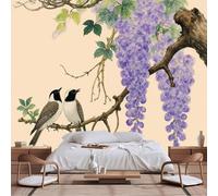 Papier peint mural de taille personnalisable, style aquarelle d'Asie de l'Est, fleurs de glycine et oiseaux chanteurs, illustration botanique aviaire, papier peint autocollant en tissu pour salon