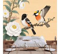 Papier peint mural de taille personnalisable, style traditionnel d'Asie de l'Est, deux oiseaux chanteurs, texture parchemin camélia blanc, autocollant pour salon