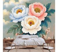 Papier peint mural de taille personnalisable, vintage romantique nature morte/pivoine florale douce, cerisier, ciel vert sauge, papier peint autocollant en tissu pour salon