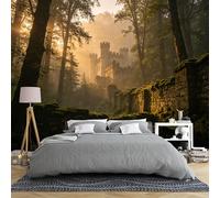 Papier peint mural de taille personnalisée avec château moussu ruines dans la forêt brumeuse au lever du soleil - Papier peint autocollant amovible pour chambre à coucher et salon