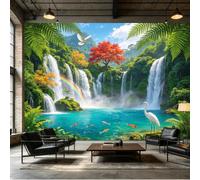 Papier peint mural de taille personnalisée, cascade tropicale, arc-en-ciel, érable rouge, colombe koï, étang à poissons, tissu mural auto-adhésif amovible à décoller et à coller pour décoration murale