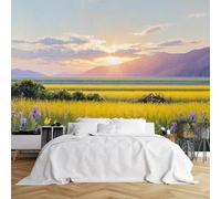 Papier peint mural de taille personnalisée, champ de fleurs jaune serein avec iris violets paysage coucher de soleil, tissu de revêtement mural autocollant (sans PVC), papier peint amovible pour salon