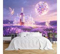 Papier peint mural de taille personnalisée Champ de lavande avec palais de cristal, bouteille de vin et fées, papier peint autocollant HD amovible pour chambre à coucher, salon