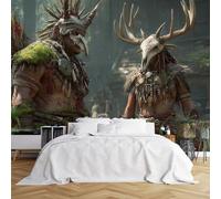 Papier peint mural de taille personnalisée, chasseurs tribaux avec masques d'animaux dans la forêt, papier peint autocollant (sans PVC) amovible pour chambre à coucher