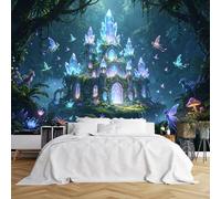 Papier peint mural de taille personnalisée Château de cristal enchanté dans la forêt magique avec fées Papier peint scène fantastique Revêtement mural en tissu autocollant amovible pour salon