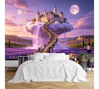 Papier peint mural de taille personnalisée Château enchanté sur nuage avec cascade et champs de lavande - Tissu mural autocollant HD (sans PVC) - Papier peint amovible pour salon, chambre à coucher