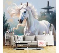 Papier peint mural de taille personnalisée, cheval blanc, crinière soufflée par le vent, pagode orientale, peinture naturelle, tissu mural auto-adhésif (pas de PVC) grand papier peint amovible pour