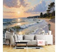 Papier peint mural de taille personnalisée, coucher de soleil doré, vagues, paysage de bord de mer, plage, horizon, ciel d'horizon, tissu mural auto-adhésif (pas de PVC) papier peint amovible pour
