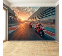 Papier peint mural de taille personnalisée Coucher de soleil MotoGP Race Papier peint de course de moto rouge vif Décoration intérieure Papier peint autocollant amovible pour salle de jeux Man Cave
