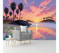 Papier peint mural de taille personnalisée, coucher de soleil tropical, paysage marin, paysage avec vue sur l'océan, œuvre d'art côtière, papier peint autocollant amovible pour salon, chambre, magasin