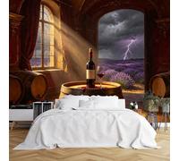 Papier peint mural de taille personnalisée en forme de tonneau de vin avec vue de lavande orageuse - Tissu mural autocollant HD (sans PVC) - Papier peint amovible pour salon, bar
