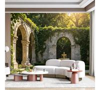 Papier peint mural de taille personnalisée européenne classique en pierre, arche de jardin, fontaine éclairée par le soleil, cour, paysage vintage, tissu mural auto-adhésif amovible pour décoration de