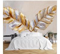 Papier peint mural de taille personnalisée, feuilles croisées stylisées jaune doré blanc plume - comme des coups de pinceau impressionnistes, tissu de revêtement mural autocollant, papier peint