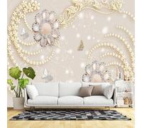 Papier peint mural de taille personnalisée, fleurs 3D ornées de diamants avec papillons beige élégant, papier peint autocollant amovible pour salon, chambre à coucher, bureau