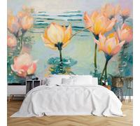 Papier peint mural de taille personnalisée, fleurs de lotus impressionnistes dans l'eau - Pétales roses jaunes et tiges vertes, tissu de revêtement mural autocollant (sans PVC), papier peint amovible