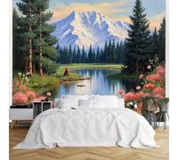 Papier peint mural de taille personnalisée, fleurs roses, feuillage vert, lac neige, paysage de montagnes et coucher de soleil, autocollant (sans PVC), papier peint amovible pour salon, chambre à