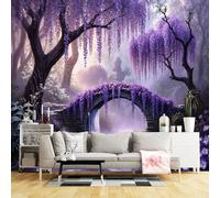 Papier peint mural de taille personnalisée, forêt enchantée, pont, arche, glycine, tissu mural autocollant (sans PVC), grand papier peint photo amovible pour salon, chambre à coucher, bureau