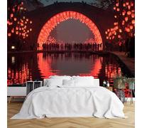 Papier peint mural de taille personnalisée - Lanterne rouge - Scène de pont - Tissu mural autocollant (sans PVC) - Papier peint amovible pour salon