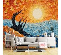 Papier peint mural de taille personnalisée, lumière du soleil abstraite sur vagues bleues avec silhouettes d'arbres noirs, tissu mural auto-adhésif (pas de PVC), grand papier peint amovible pour salon