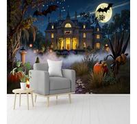 Papier peint mural de taille personnalisée, manoir hanté effrayant avec lanternes Jack-O'-Lanternes, pleine lune et chauve-souris, papier peint autocollant amovible à décoller et à coller pour salon