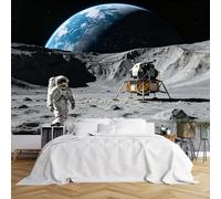 Papier peint mural de taille personnalisée Motif astronaute marchant vers Apollo module lunaire sur la lune Papier peint de scène d'exploration de science-fiction Papier peint autocollant amovible