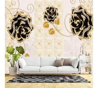 Papier peint mural de taille personnalisée, motif floral noir, doré, rose, accents de cristal de luxe, motif élégant, papier peint autocollant amovible pour salon, chambre à coucher, bureau
