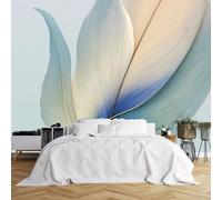 Papier peint mural de taille personnalisée, motif plume - comme dégradé bleu crème, lignes délicates, bord doré, tissu de revêtement mural autocollant (pas de PVC), papier peint amovible pour salon