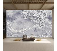 Papier peint mural de taille personnalisée, motif vagues d'Asie de l'Est, gris et blanc, autocollant amovible pour salon, chambre à coucher, magasin, bureau, enfants