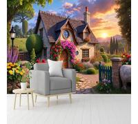 Papier peint mural de taille personnalisée, paysage de maison Cottagecore, fleurs en fleurs, chemin de pierre, maison de conte de fées, papier peint autocollant amovible pour salon, chambre, magasin