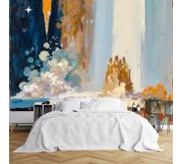 Papier peint mural de taille personnalisée, paysage éthéré abstrait, bleu foncé, orange, formes verticales, bleu clair, blanc, beige, coups de pinceau, petits arbres, marron doré, papier peint