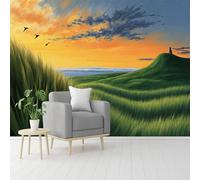 Papier peint mural de taille personnalisée, paysage marin coucher de soleil, paysage de champs verts, scène tranquille, vue côtière, oiseaux volants, papier peint autocollant amovible à décoller et à