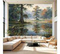 Papier peint mural de taille personnalisée, paysage paisible, forêt, lac, aquarelle, marais, cyprès, lys, tissu mural, amovible, grand papier peint pour salon, chambre à coucher, bureau