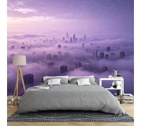 Papier peint mural de taille personnalisée, paysage urbain violet brumeux avec bâtiments au-dessus des nuages, papier peint autocollant amovible pour chambre à coucher, salon