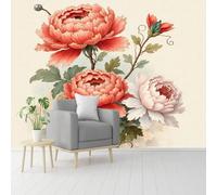 Papier peint mural de taille personnalisée, peinture de fleur de pivoine, œuvre d'art botanique, arrangement floral, motif floral vintage, papier peint autocollant amovible, pour salon, chambre