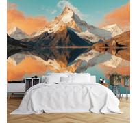 Papier peint mural de taille personnalisée, pic de montagne enneigé avec miroir reflet du lac bleu serein, pentes poussiéreuses de neige, tissu de revêtement mural autocollant (sans PVC), papier peint