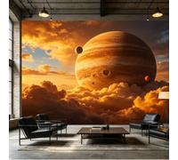 Papier peint mural de taille personnalisée - Planète géante - Coucher de soleil doré - Espace céleste - Nuages - Tissu mural auto-adhésif amovible - Décoration murale pour salon, chambre à coucher