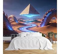 Papier peint mural de taille personnalisée, pyramide du désert et scène de dragon avec chemin lumineux - Papier peint HD autocollant amovible pour décoration d'intérieur