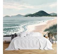 Papier peint mural de taille personnalisée, scène de plage sereine, tons doux et discrets, rivage sablonneux, vagues douces, herbes de plage, collines, bleu océan, turquoise, papier peint autocollant