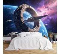 Papier peint mural de taille personnalisée, station spatiale massive en forme d'anneau en orbite autour de la terre avec des chasseurs d'étoiles, papier peint autocollant amovible pour décoration