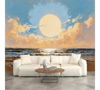 Papier peint mural de taille personnalisée, style impressionniste - Peinture de paysage marin au coucher de soleil côtier, tissu mural autocollant (sans PVC), papier peint amovible pour salon, chambre