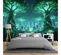 Papier peint mural de taille personnalisée - Ville de science-fiction futuriste dans une forêt enchantée lumineuse - Papier peint autocollant amovible pour chambre à coucher, salle de jeux