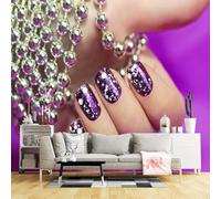 Papier peint mural de taille personnalisée, violet pailleté pour nail art avec guirlande de perles argentées, tissu mural autocollant (pas de PVC) papier peint amovible pour salon, chambre à coucher