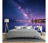 Papier peint mural de taille personnalisée, Voie lactée, galaxie sur une ville côtière, avec reflets d'eau, papier peint autocollant amovible pour chambre à coucher, salon