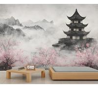 Papier peint mural de tour chinoise avec paysage ancien, charme oriental, décoration murale de restaurant, salle à manger, décoration artistique à grande échelle, photo d'accent panoramique (non