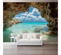 Papier peint mural décoratif 200 x 140(WxH) - Design Aquarelle grottes rocheuses mer bleue et lumière des nuages papier peint intissé pour mur décoratif de chambre salon et fond TV Multicolore