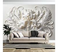 Papier Peint Mural Décoratif 600×420cm (L×H) À Motif Floral D'Iris En Relief 3D Style Baroque avec Volutes et Plumes. Papier Peint Photo Intissé De Qualité Supérieure pour La Décoration Mura