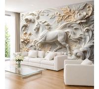 Papier Peint Mural Décoratif De Luxe Style Baroque Européen Classique Imitation Plâtre 400 × 280 cm (L × H) Représentant Un Cheval Blanc Au Galop Effet 3D Intissé pour La Décoration Murale D